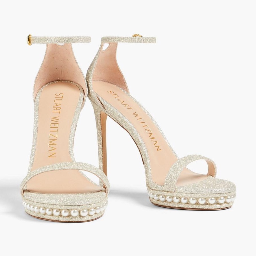 NEW Stuart Weitzman Nudistdisco Pearl Heel Platform Sandals Size 11 Pre Owned